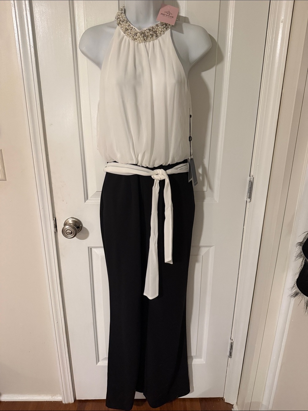 Beaded Halter Wide-Leg Jumpsuit in Ivory and Black